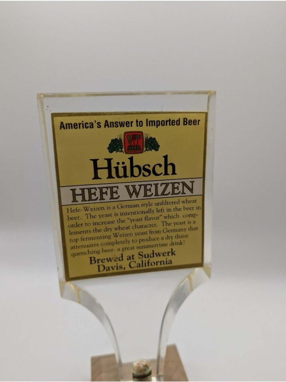 Sudwerk Hübsch Hefe Weizen Tap Handle Clear Acrylic Wood ~7" Breweriana - Picture 5 of 6